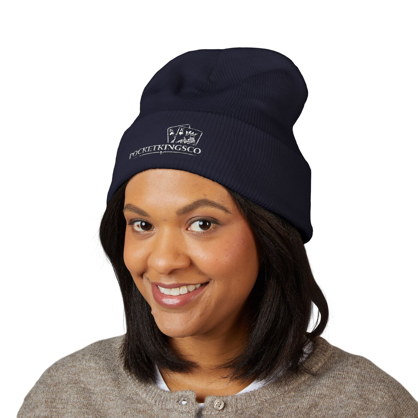 Embroidered Pocket Kings Co. White Logo Beanie